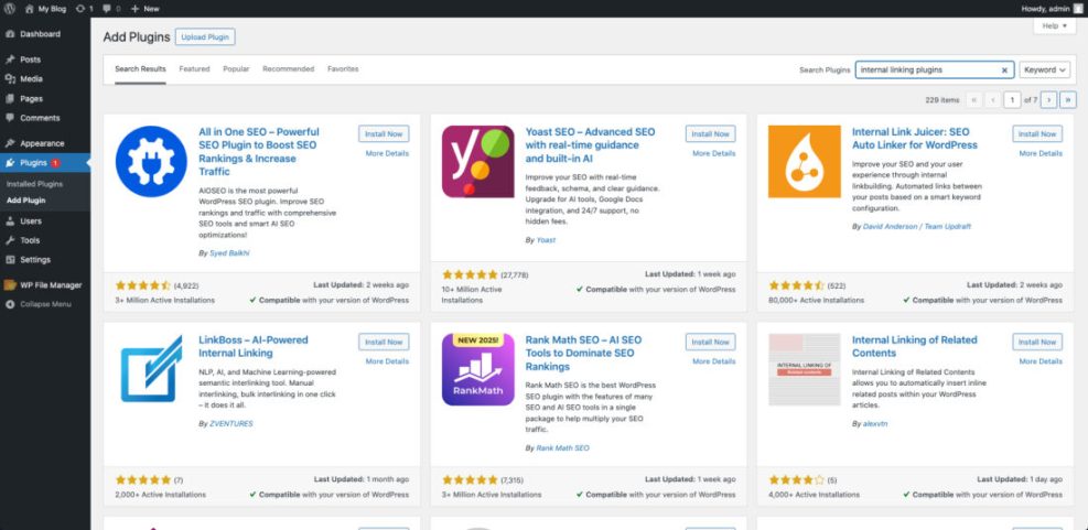 WordPress dashboard showing search results for 'internal linking plugins', highlighting Internal Link Juicer and LinkBoss.
