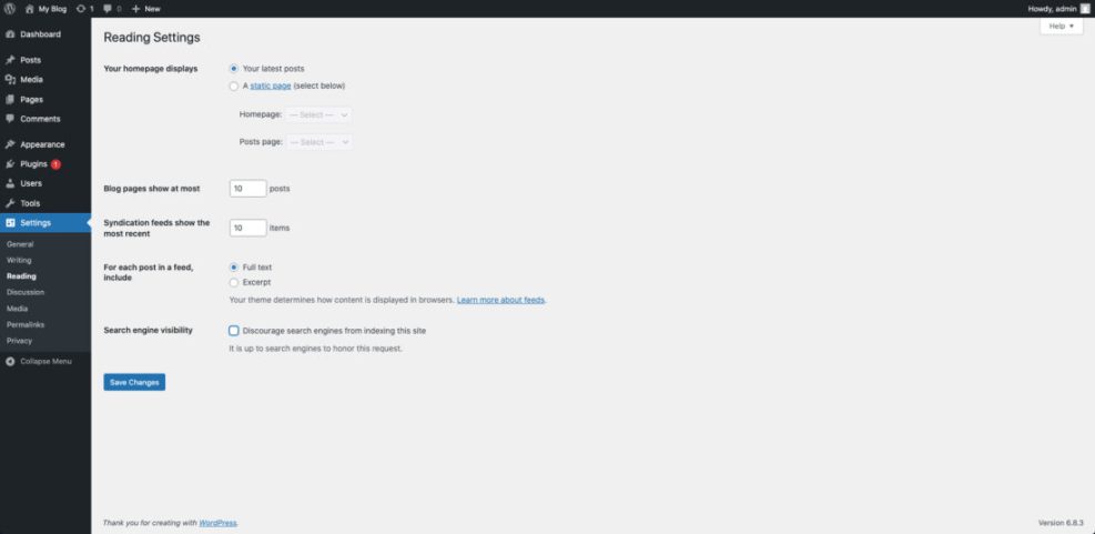 WordPress Reading Settings page showing options for homepage display, posts per page, feed content, and search engine visibility.