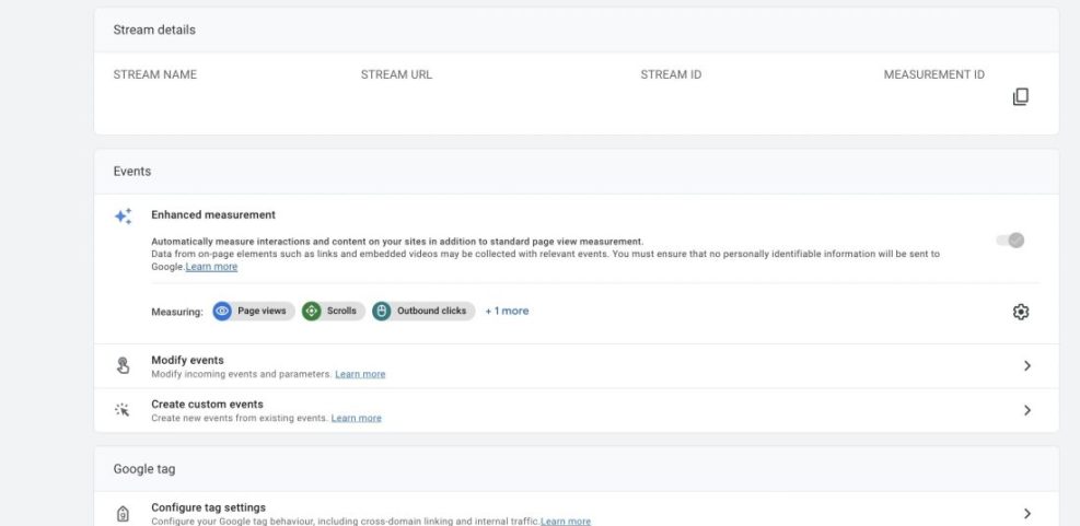 GA4 web stream details: active data collection, enhanced measurement (page views, scrolls, clicks), and Google tag settings.