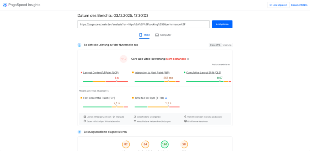 Google PageSpeed Insights report showing a failed Core Web Vitals assessment for mobile, highlighting poor WordPress speed optimization on LCP.