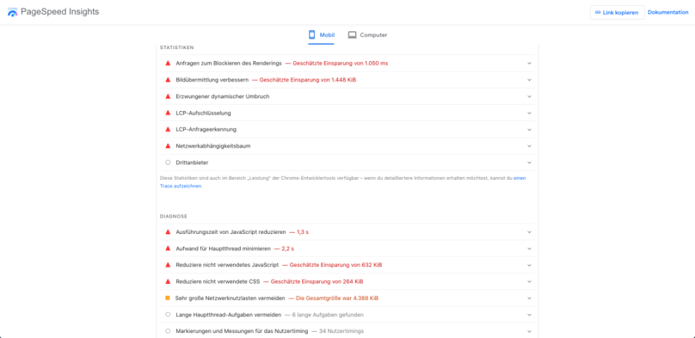 Google PageSpeed Insights mobile report showing numerous red warnings for render-blocking resources, image optimization, JavaScript, and CSS.