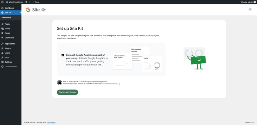 Google Site Kit plugin setup screen in WordPress, prompting connection to Google Analytics for website data tracking.