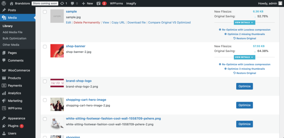 WordPress Media Library showing Imagify plugin image optimization settings for reducing file sizes and improving site speed.