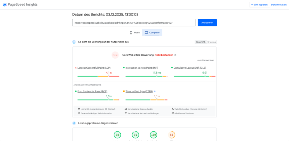 Google PageSpeed Insights desktop report showing a WordPress site failing Core Web Vitals due to a poor Largest Contentful Paint (LCP) of 4.1s.