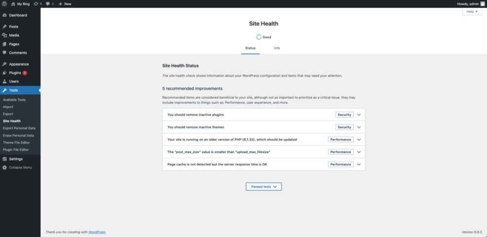 WordPress Site Health screen showing 5 recommended improvements for security and performance, including removing inactive plugins and themes.