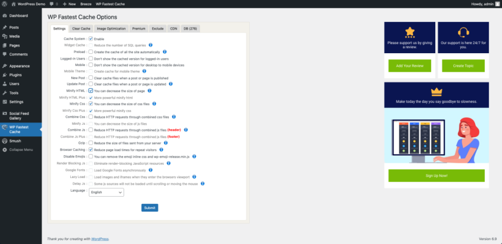 WP Fastest Cache plugin settings screenshot showing enabled HTML, CSS minification, and browser caching options for WordPress speed optimization.