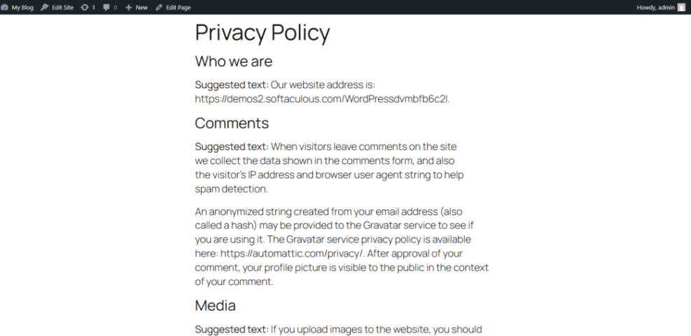Screenshot of a default WordPress privacy policy page with suggested text, an example of legal content a WordPress agency manages.