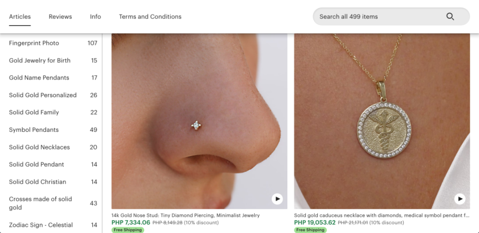E-commerce product listing example featuring gold jewelry like a diamond nose stud and caduceus necklace, illustrating an Etsy alternative for online sellers.