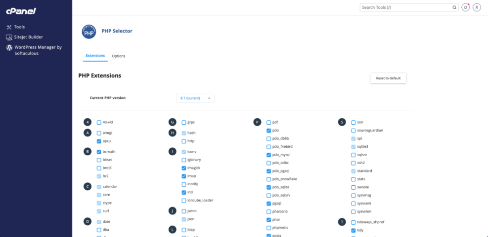 cPanel PHP Selector displaying PHP 8.1 extensions configured for optimal WordPress hosting performance, including APCu, Redis, and database drivers.