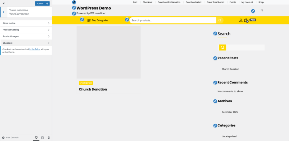 Screenshot of the WordPress Customizer with WooCommerce checkout settings visible, showing the live preview of the shop page for performance tuning.