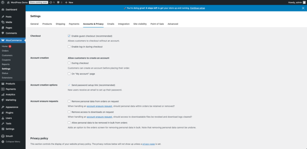 WooCommerce Accounts & Privacy settings in WordPress, highlighting guest checkout and account creation options that can improve checkout performance.