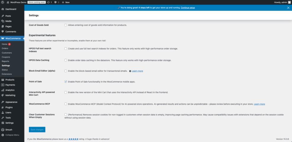 WooCommerce performance settings page displaying experimental features, HPOS caching, point of sale, and customer session options for faster checkout.
