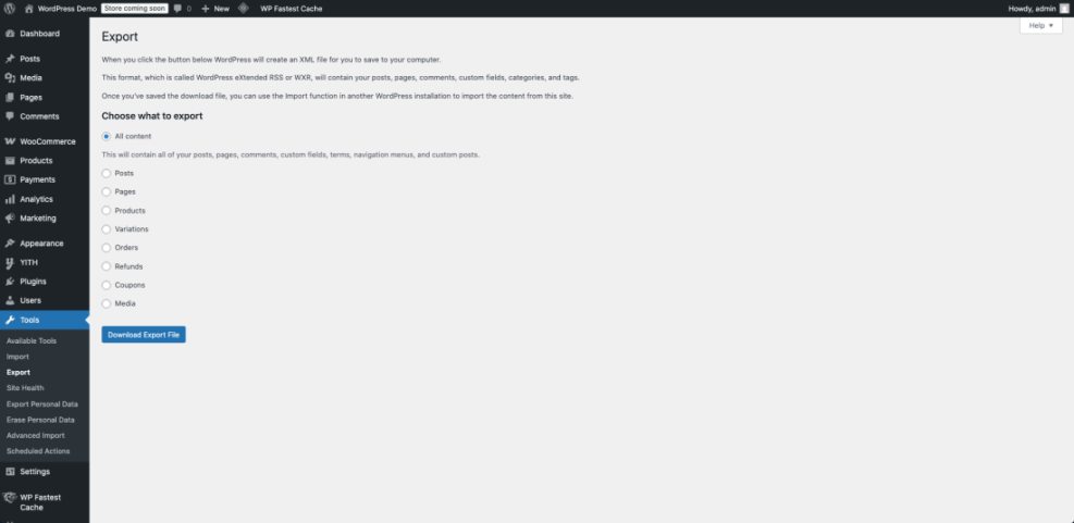 WordPress Export screen showing options to export all content, posts, pages, products, orders, or media as an XML file.