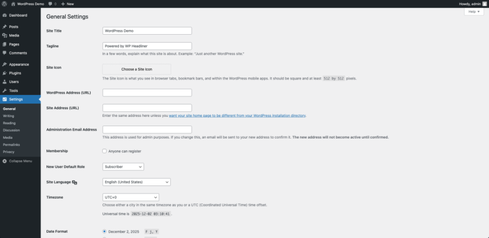 WordPress General Settings dashboard for WP Headliner, showing site title, tagline, URLs, and core configuration options for an e-commerce site setup.