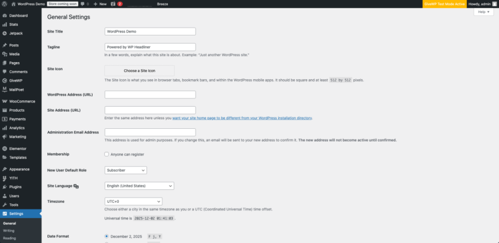 WordPress General Settings dashboard, illustrating essential site configuration options like title, URLs, and language.