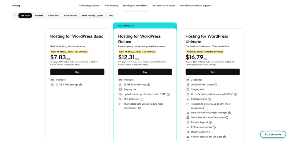 Comparison table of WordPress hosting plans: Basic, Deluxe, and Ultimate, highlighting pricing, annual savings, and key features.