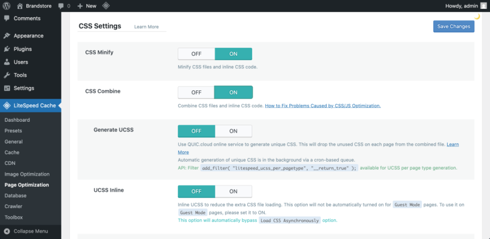 LiteSpeed Cache CSS settings in WordPress admin showing minify, combine, generate UCSS, and UCSS inline enabled for speed optimization.