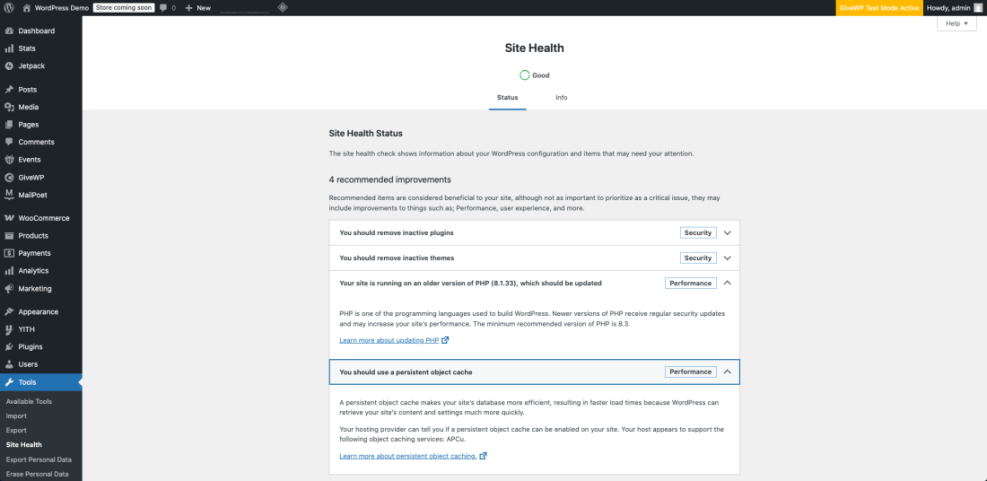 WordPress Site Health status displaying 4 recommendations for speed optimization, highlighting PHP version update and persistent object cache.