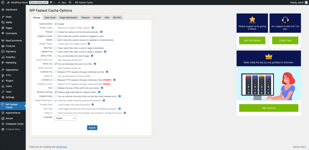 WP Fastest Cache plugin settings for WordPress speed optimization, showing options like minify CSS, browser caching, lazy load.