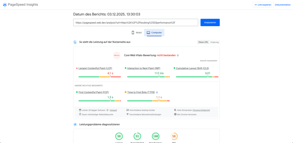 Google PageSpeed Insights report displaying 'Core Web Vitals failed' for a WordPress booking page on desktop, with LCP at 4.1s.