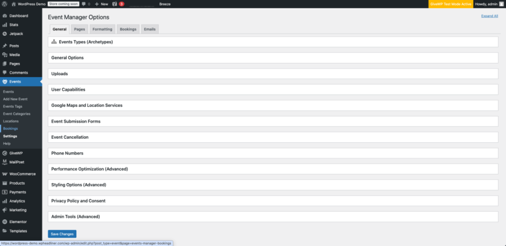 WordPress Event Manager plugin settings with general options, including advanced performance optimization for booking management.