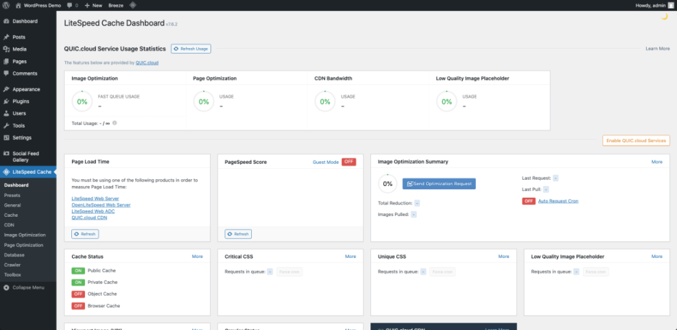 LiteSpeed Cache Dashboard in WordPress, showing settings for image optimization, page optimization, and cache status for enhanced booking performance.