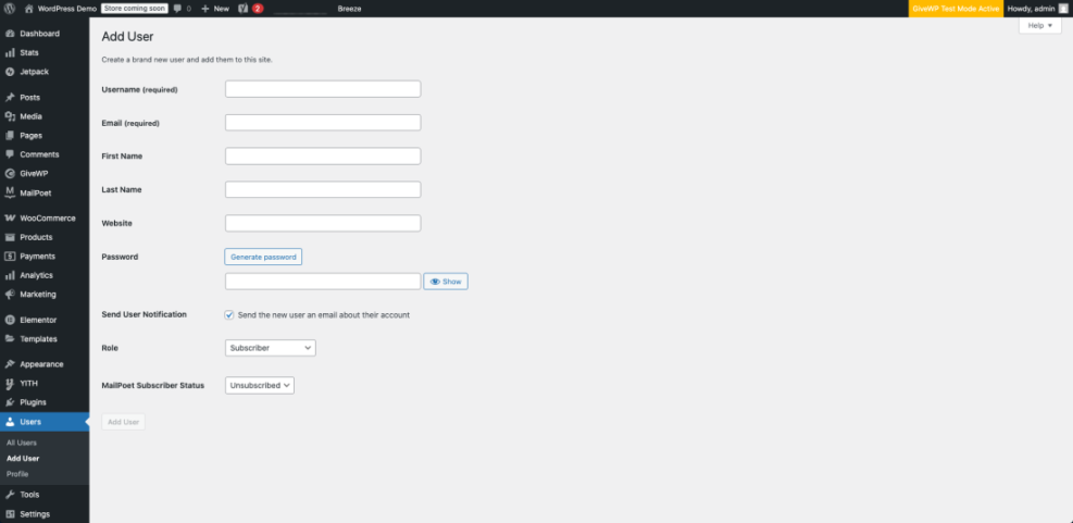 WordPress 'Add User' screen demonstrating how to create new user accounts and assign roles for an effective multi-author content workflow.