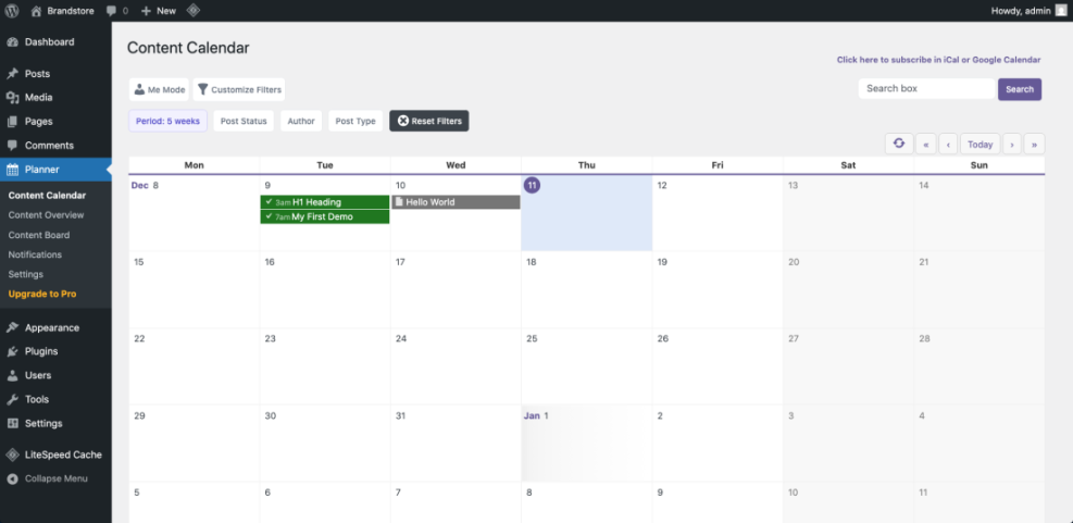 Screenshot of a WordPress content calendar displaying scheduled posts, filters, and navigation for managing content workflows on a multi-author blog.