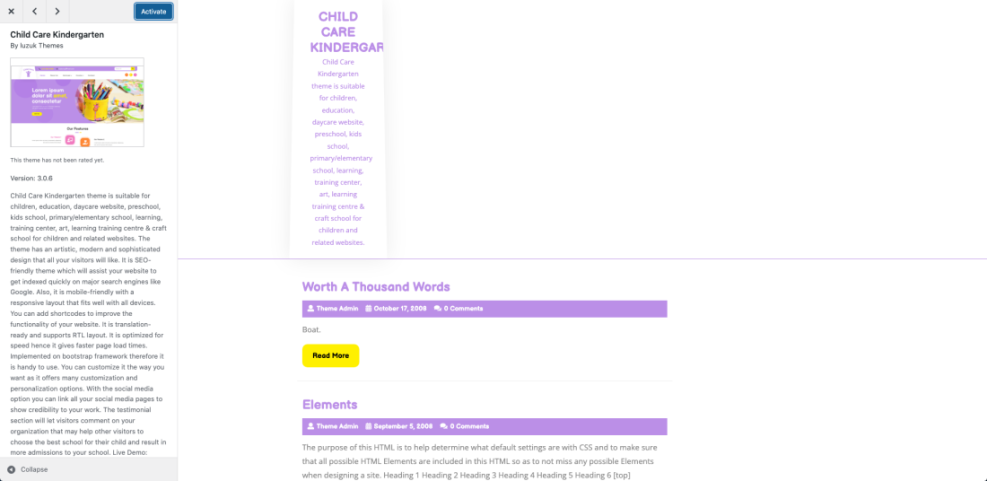 Child Care Kindergarten WordPress theme preview showing its colorful homepage layout, description, and admin panel details.