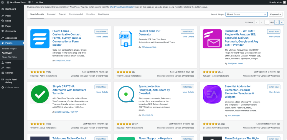 Screenshot showing the Fluent Forms contact form plugin on the WordPress 'Add Plugins' screen, ideal for contact forms.