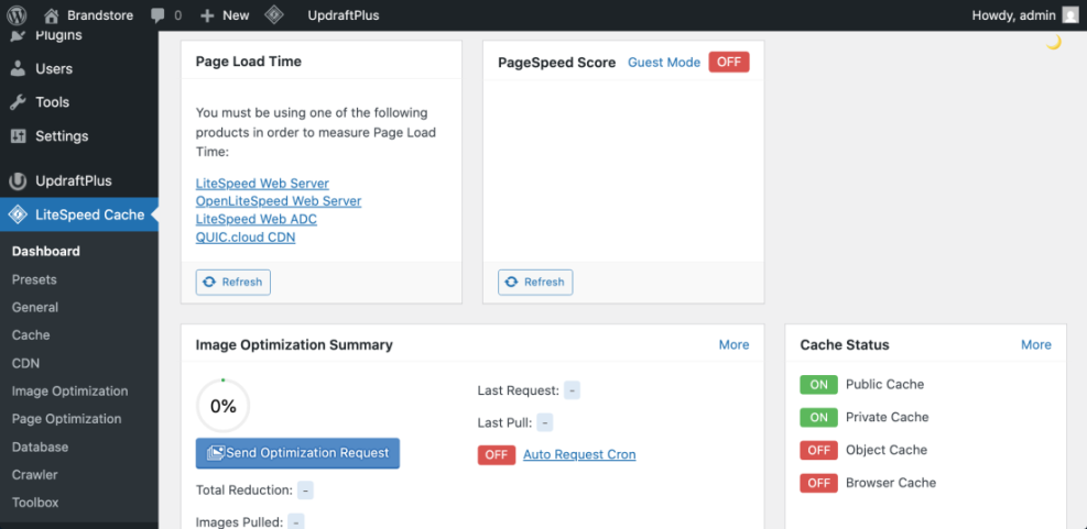 LiteSpeed Cache plugin dashboard on a WordPress site, showing performance metrics, image optimization, and various caching status settings.