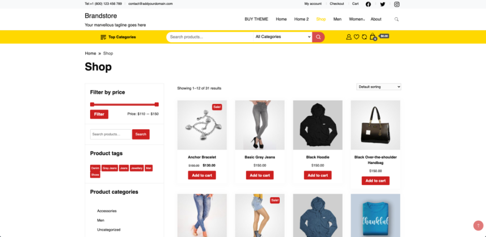 Screenshot of a clean WooCommerce theme shop page displaying products, price filter, product tags, and categories.