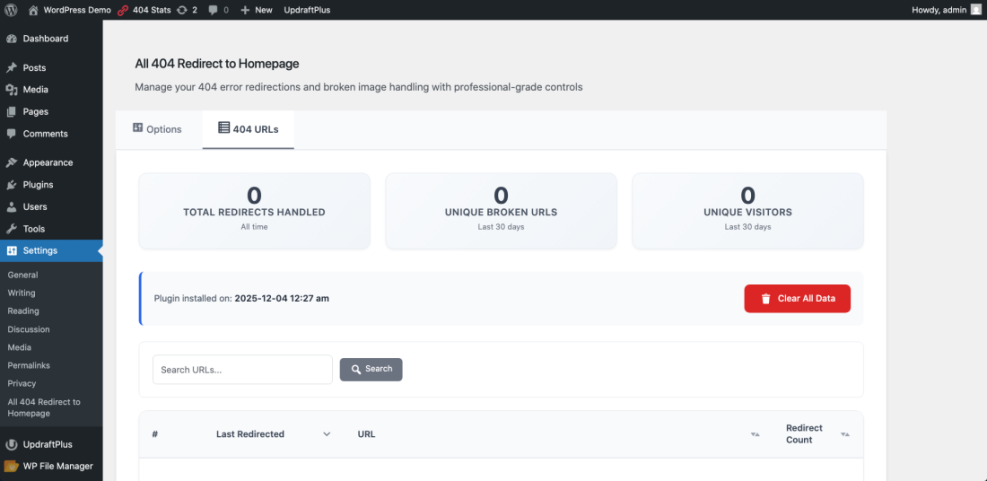 WordPress dashboard showing an 'All 404 Redirect to Homepage' plugin, displaying metrics for redirects handled, broken URLs, and visitors.