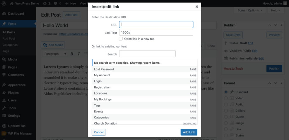 WordPress 'Insert/edit link' modal showing fields for URL, link text ('1500s'), and recent content suggestions for internal linking.