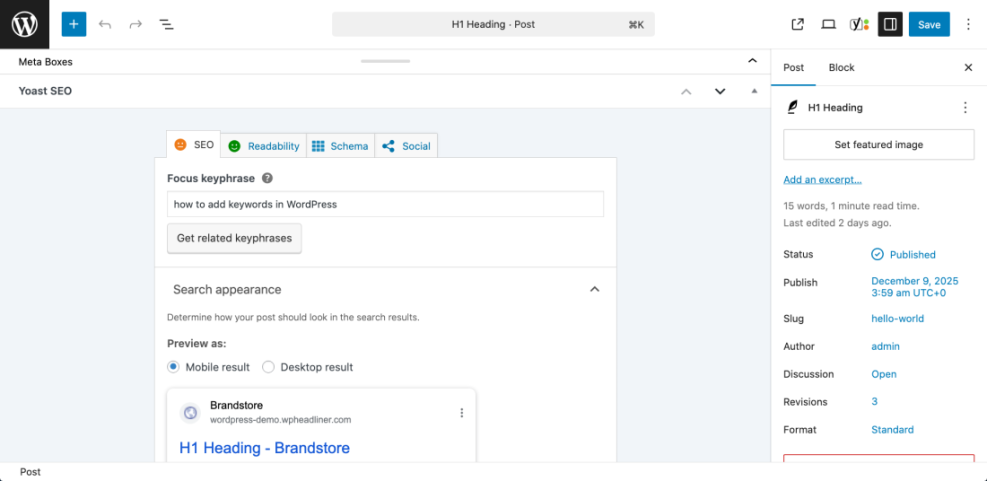 WordPress editor displaying Yoast SEO plugin settings with the focus keyphrase 'how to add keywords in WordPress' and a mobile search snippet preview.