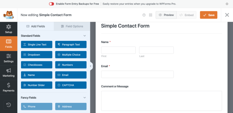 WPForms interface for building WordPress contact forms, displaying standard and fancy fields like Name, Email, and Phone, with a live form preview.