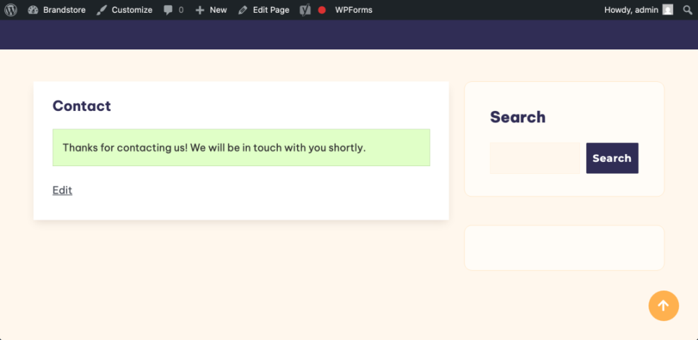 A WordPress contact page displaying a 'Thanks for contacting us!' success message after a WPForms submission.