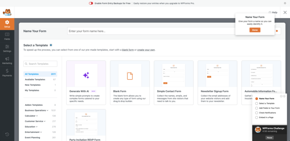 WPForms new form setup screen showing template selection for creating a contact form on WordPress.