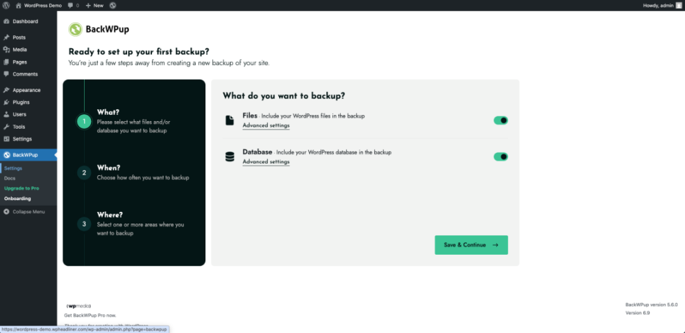 BackWPup WordPress backup plugin setup screen, detailing options to include website files and database for a complete site backup.