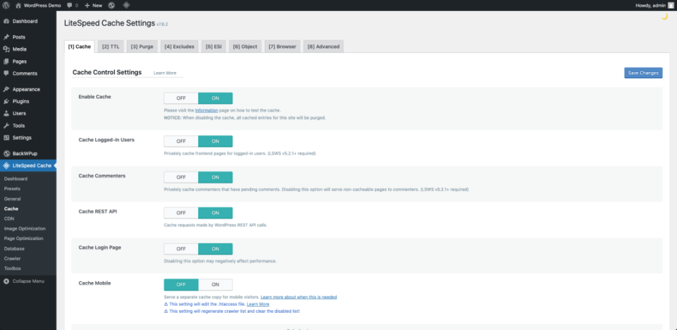 WordPress LiteSpeed Cache plugin settings dashboard showing cache control options enabled for website speed optimization.