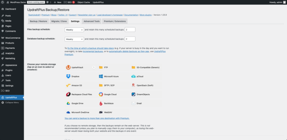 UpdraftPlus backup plugin settings screen showing weekly file and database backup schedules and various remote storage options like Google Drive, Dropbox, and S3.