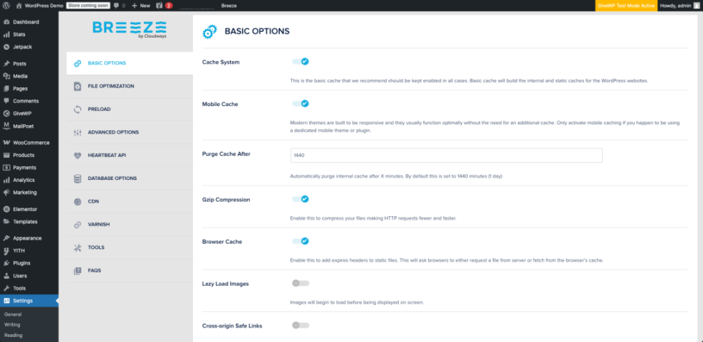 WordPress Breeze caching plugin basic settings screen, showing enabled Cache System, Mobile Cache, Gzip, and Browser Cache options for performance.
