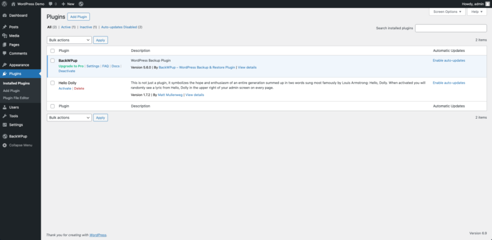 WordPress plugins list displaying installed plugins, vital for site management and often reviewed as part of a speed optimization checklist.