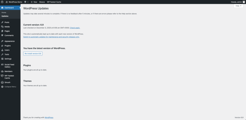 WordPress Updates screen showing current version 6.9, with all plugins and themes confirmed up to date for security and maintenance.