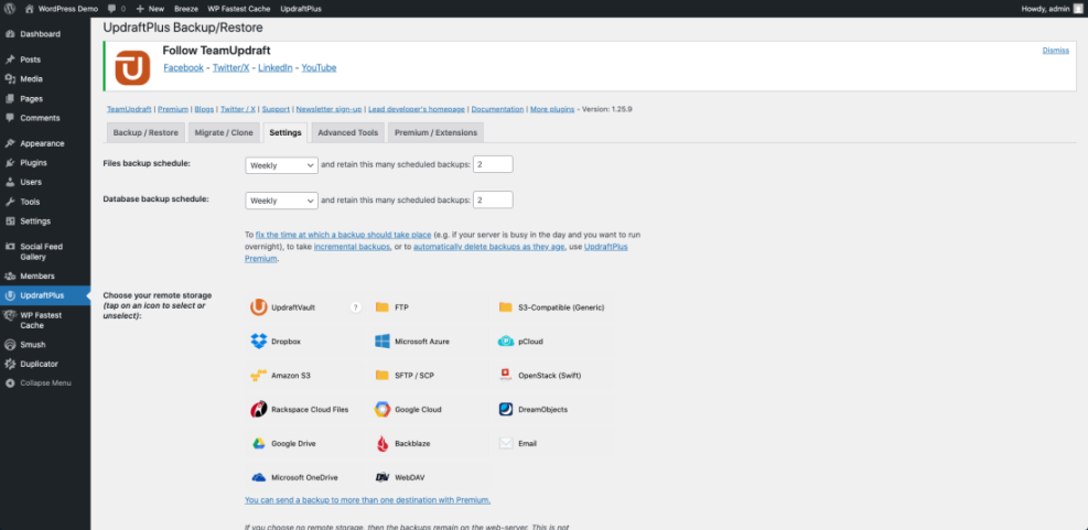 WordPress UpdraftPlus backup plugin settings displaying weekly file and database schedules, retention, and remote storage choices for site maintenance.