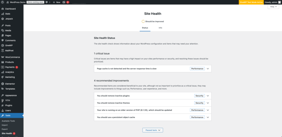 WordPress Site Health report detailing critical performance (slow server, no cache) and security issues, demonstrating managed hosting solutions.