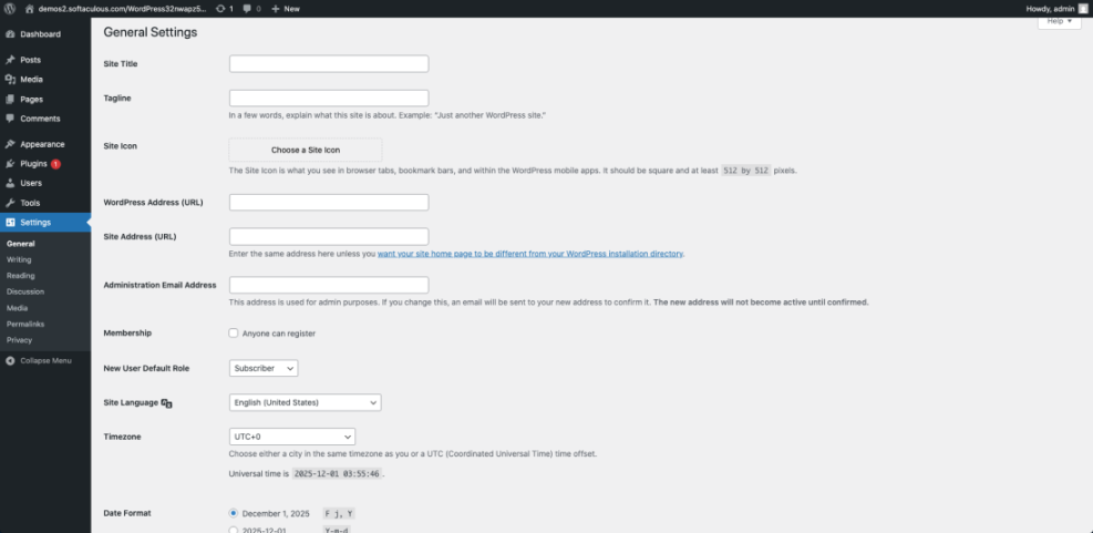 WordPress admin General Settings page screenshot showing site title, URL, email, and user role settings, relevant for agencies.