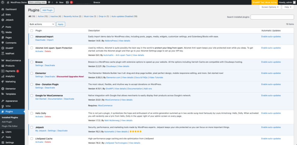 WordPress plugins screen displaying plugin status and automatic update settings, crucial for managed hosting site performance and security.