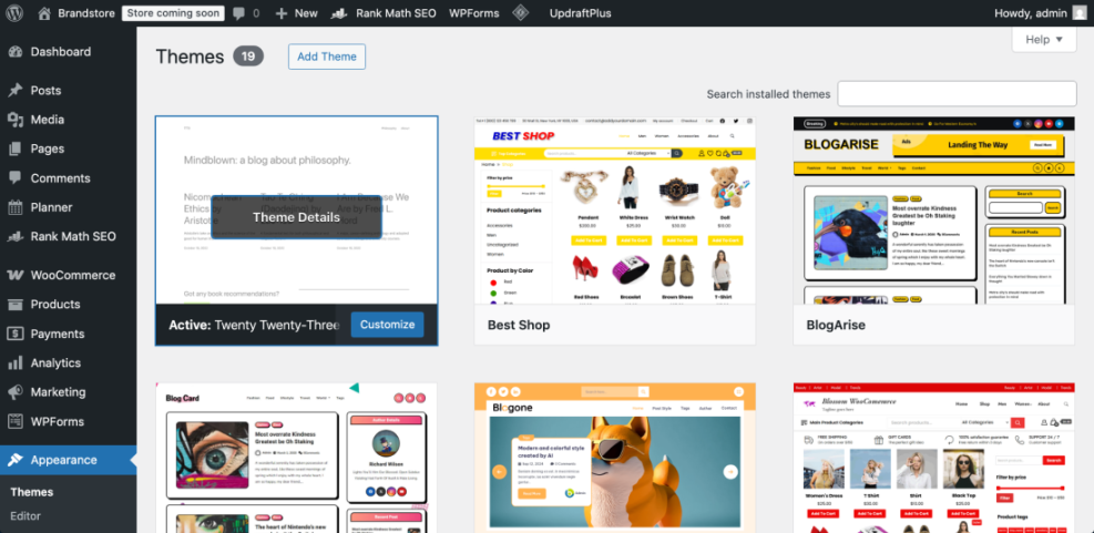 WordPress themes dashboard showing multiple website design previews, with 'Twenty Twenty-Three' active for site customization.