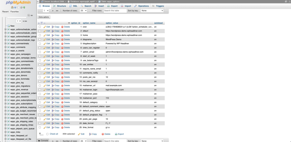 phpMyAdmin displaying wp_options table entries like siteurl and home, essential for fixing WordPress migration errors.
